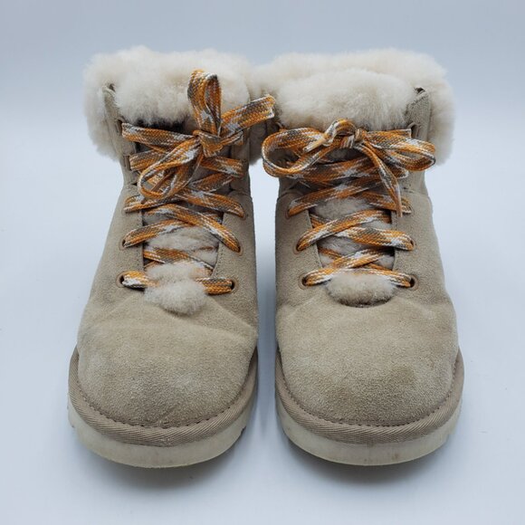 UGG Mini Alpine Boots 8 Womens Lace Up Suede Shearling Bootie Tan - Picture 3 of 9